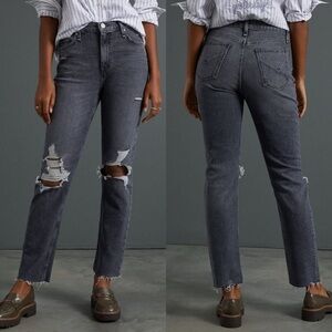 Hudson Holly Straight Jeans $195 Washed Black Distressed Raw Hem Ripped Knee 27